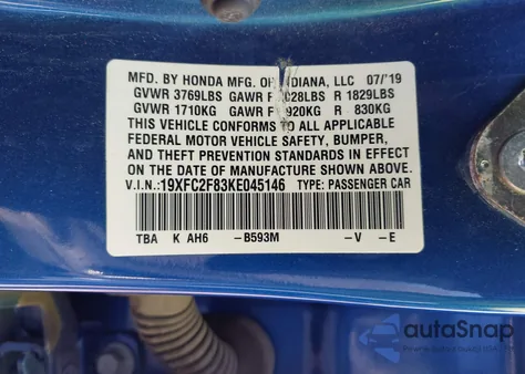 2019 Honda Civic Sport из США, поврежденный, VIN 19XFC2F83KE045146